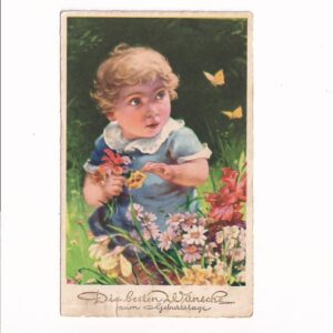 ŻYCZENIA VINTAGE DZIECKO KWIATY POCZTÓWKA GRAF-4754
